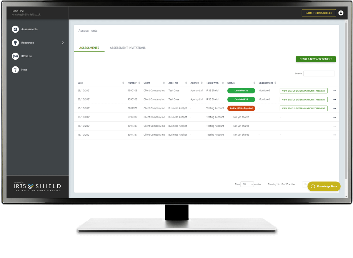 IR35 Shield dashboard displayed on a monitor